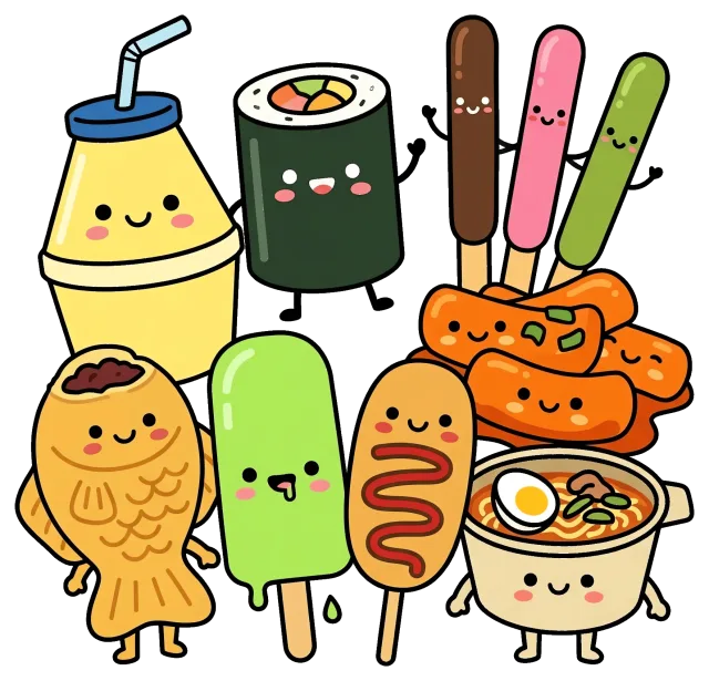 Cute cartoon snacks with happy faces