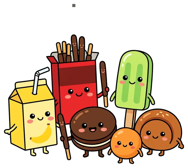 Cute cartoon snacks with happy faces