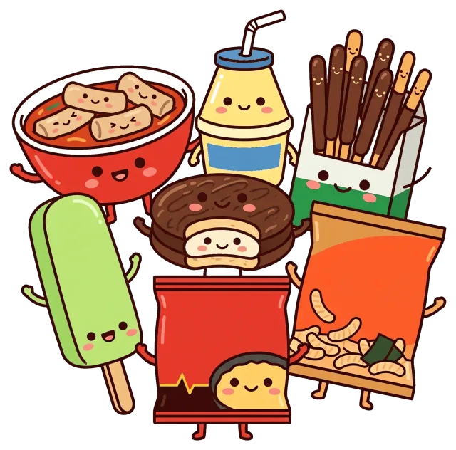 Cute Cartoon Snacks with Smiling Faces
