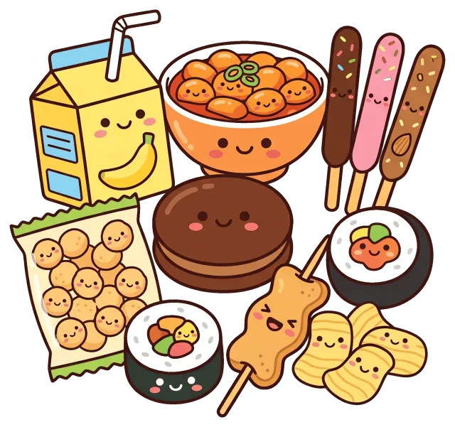Cute cartoon style snacks with happy faces