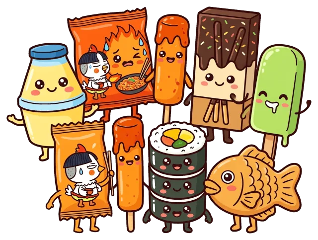 Cute cartoon style snacks with happy faces