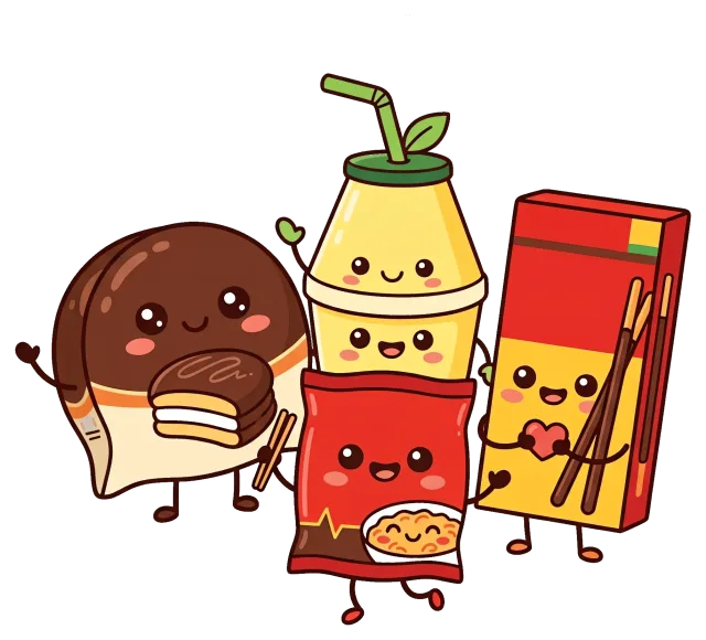 Cute cartoon style snacks with happy faces