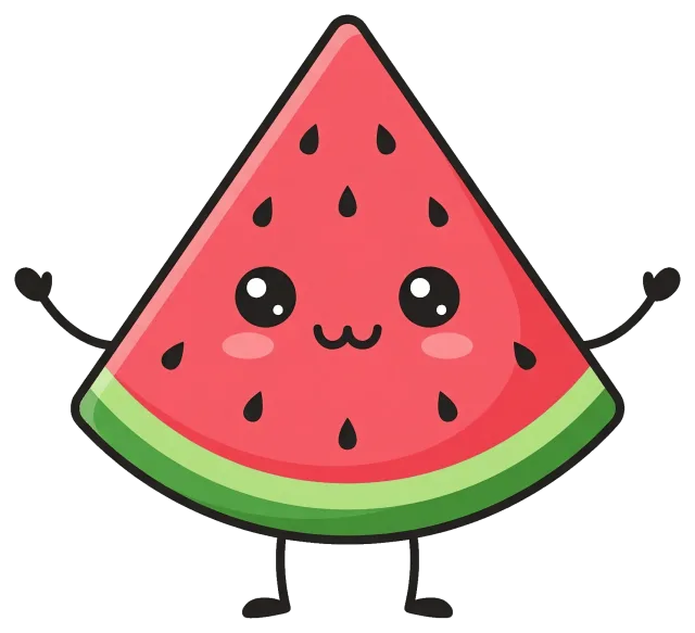 Cute cartoon watermelon slice with smiling face and arms