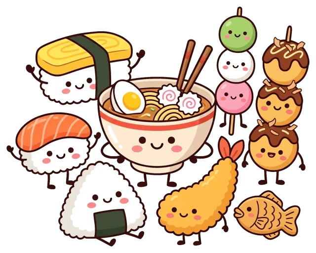 Cute food cartoon style with sushi, ramen, and snacks