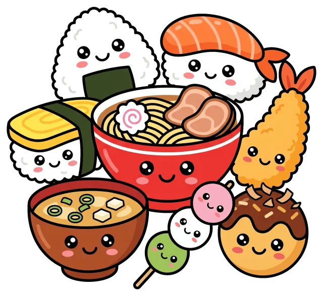 Cute food cartoon with sushi, ramen, and Japanese snacks