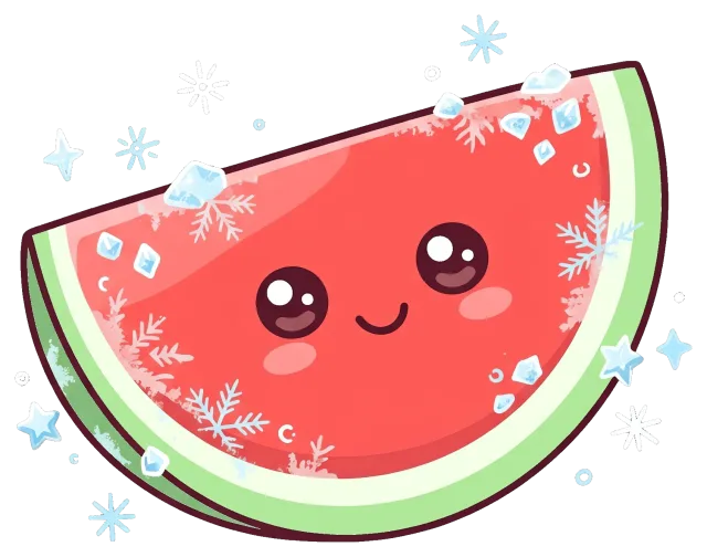 Cute frozen watermelon slice with ice crystals and smiling face
