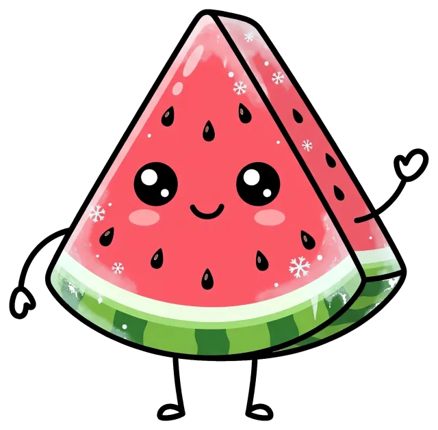 Cute frozen watermelon slice with smiling face and arms