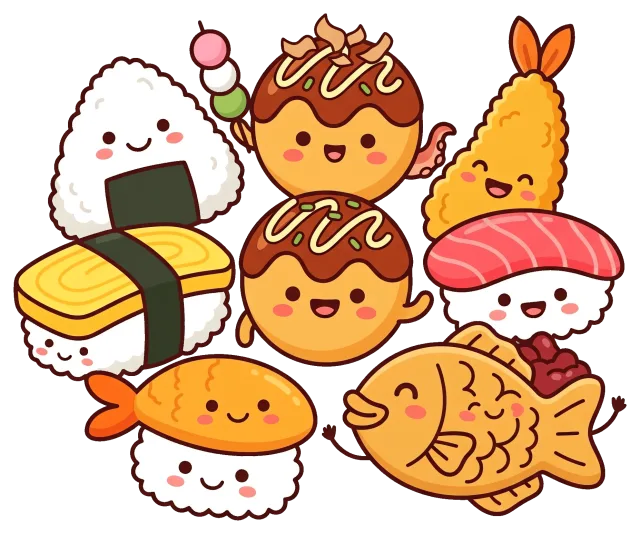 Cute Japanese Food Cartoon Characters with Smiling Faces