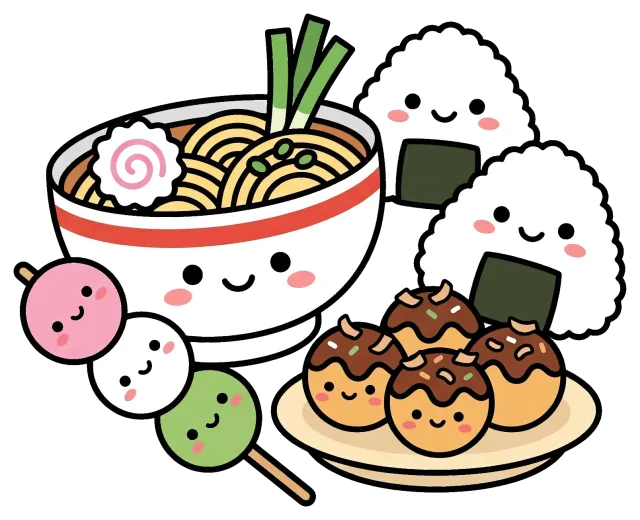 Cute Japanese Food Cartoon with Ramen, Onigiri, Dango, and Takoyaki