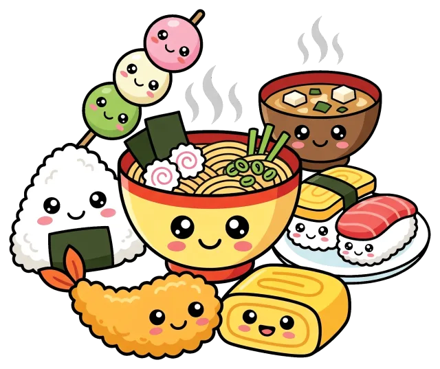 Cute Japanese food cartoon with ramen, sushi, and snacks
