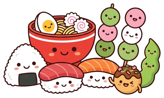 Cute Japanese Food Cartoon with Sushi, Ramen, and Snacks