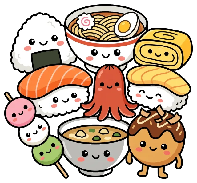 Cute Japanese Food Characters Including Sushi, Ramen, and Takoyaki