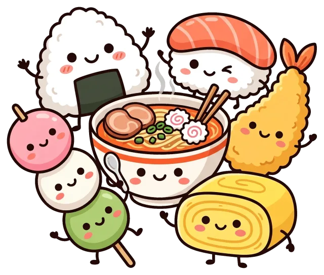 Cute Japanese Food Characters with Ramen and Sushi