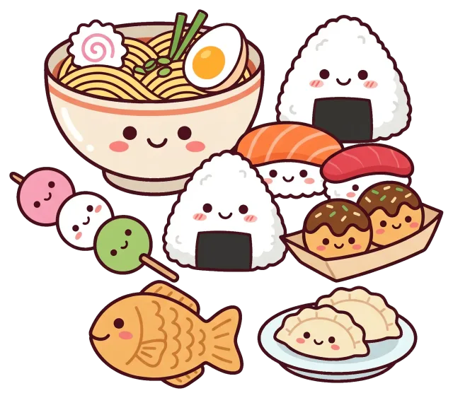 Cute Japanese Food Characters with Ramen, Sushi, and Snacks