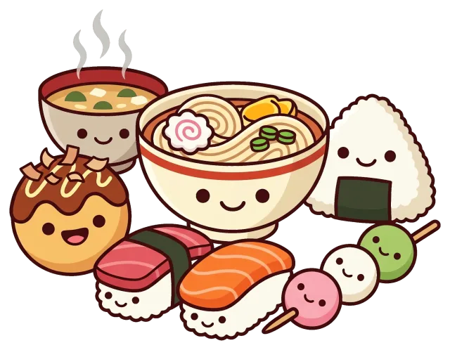 Cute Japanese Food Characters with Ramen, Sushi, and Snacks