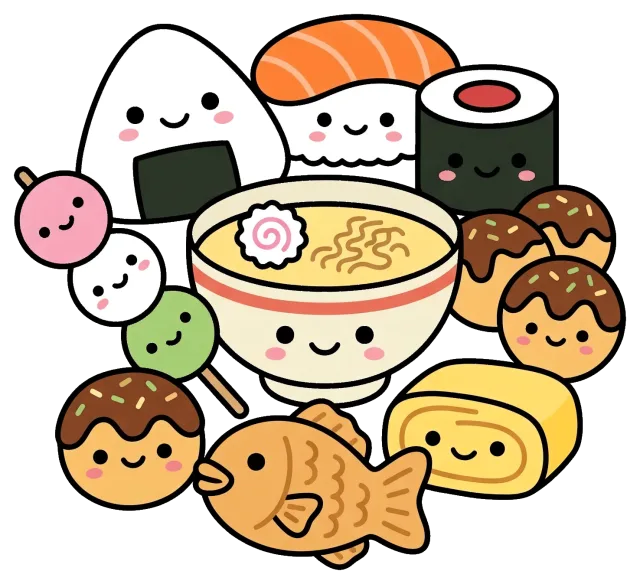 Cute Japanese Food Illustration with Smiling Faces