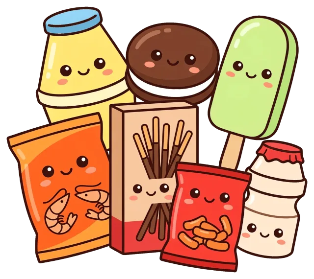 Cute Korean Snacks with Smiling Faces Illustration