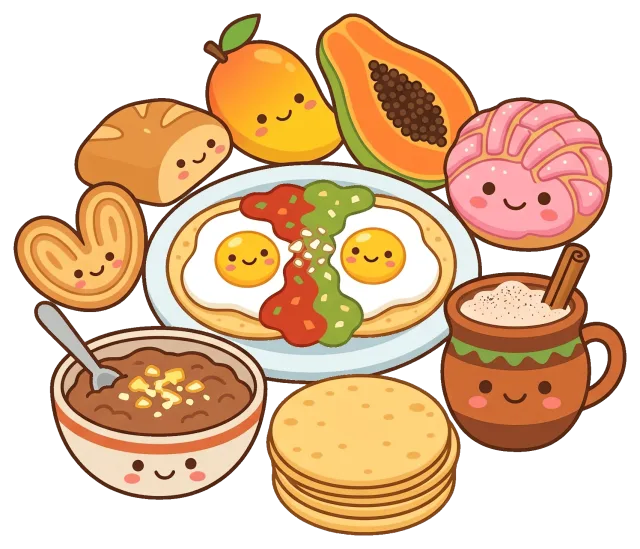 Cute Mexican Breakfast Foods with Eggs, Fruit, and Pastries