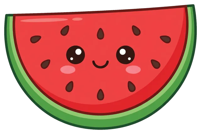 Cute smiling watermelon slice with seeds and cheeks