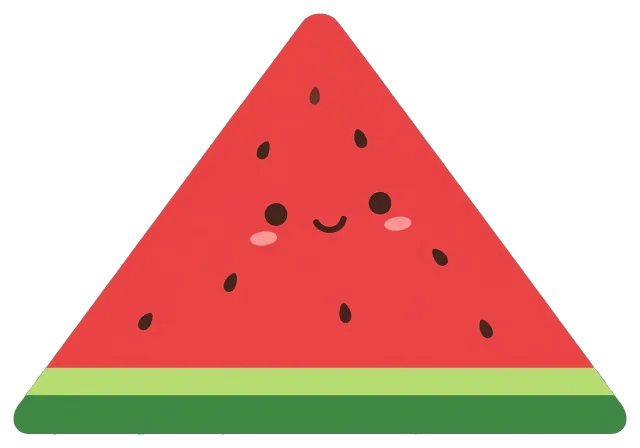 Cute smiling watermelon slice with seeds and green rind