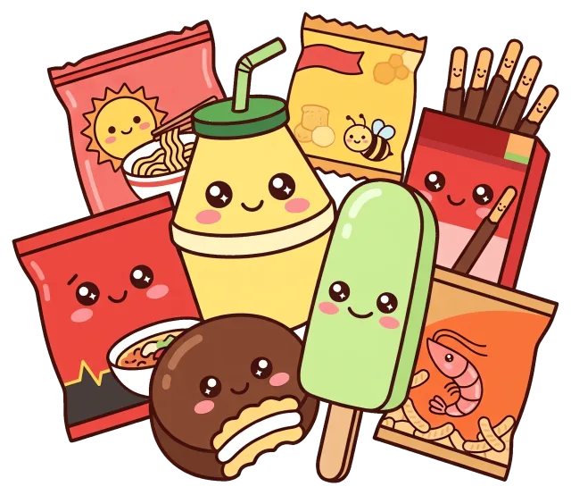 Cute Snacks Cartoon Characters with Smiling Faces