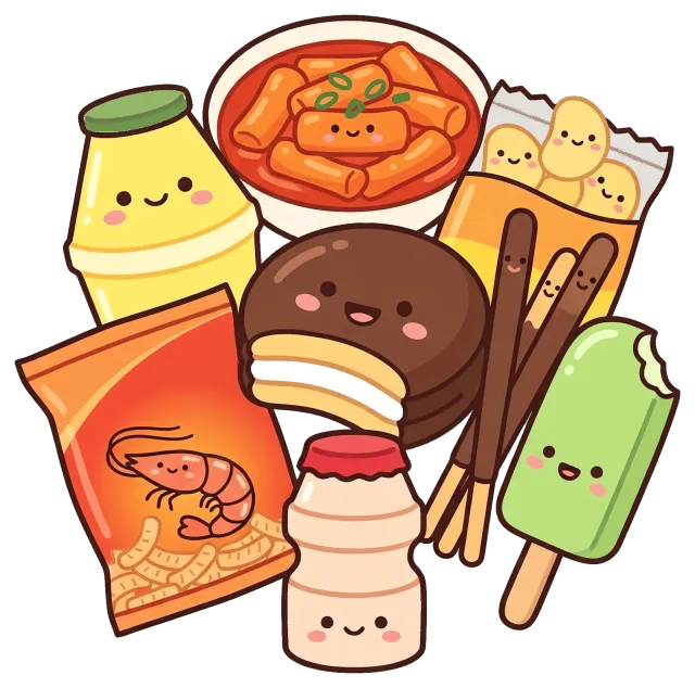 Cute snacks cartoon illustration with happy faces
