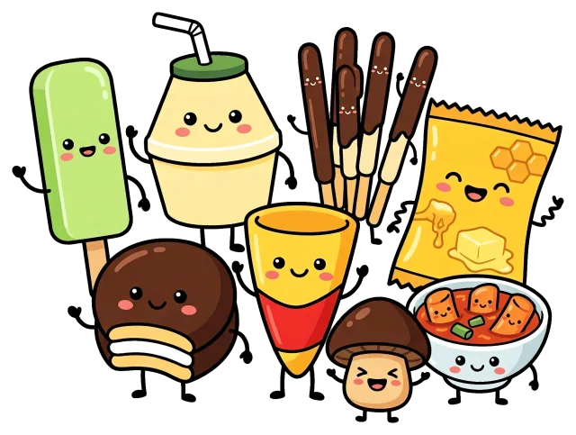 Cute snacks cartoon illustration with happy faces