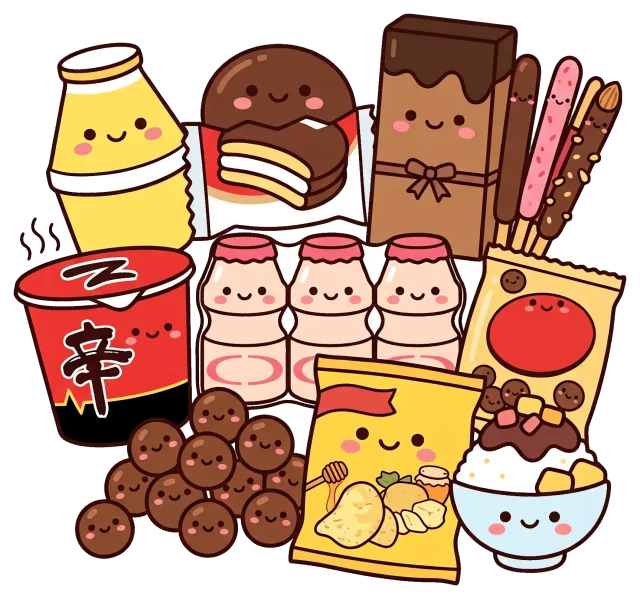 Cute snacks cartoon style with drinks and sweets