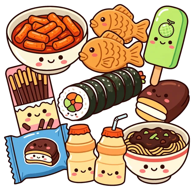 Cute snacks cartoon style with sushi, noodles, and treats