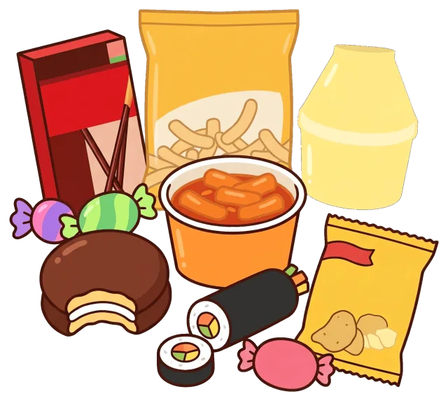 Cute snacks in cartoon style including chips, sushi, and candy