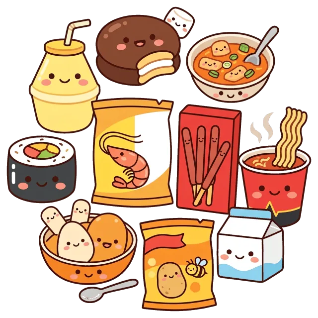 Cute snacks in cartoon style with happy faces