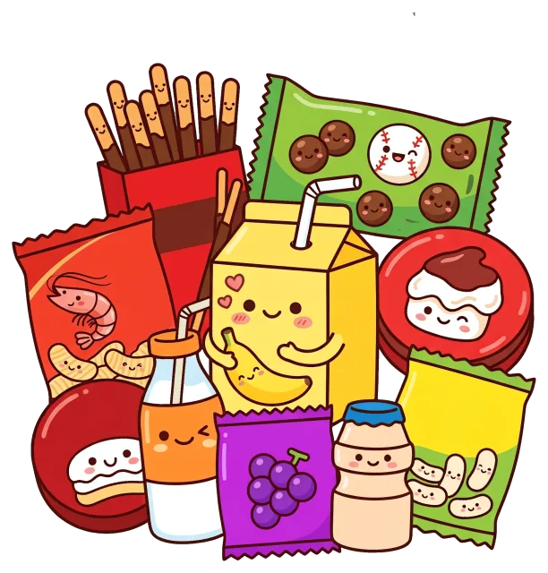Cute snacks in cartoon style with happy faces