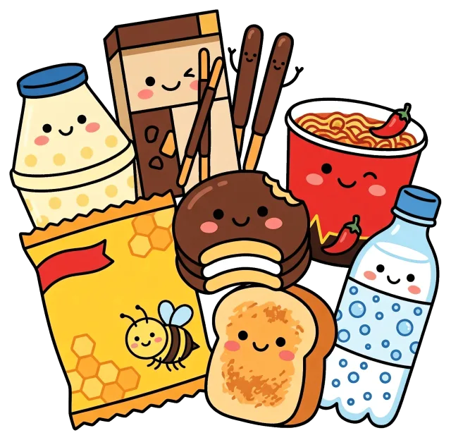 Cute snacks with happy faces including cookies, bread, and drinks