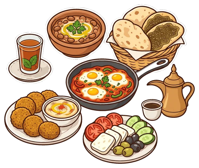 Middle Eastern Breakfast Foods with Eggs, Falafel, and Tea
