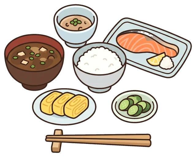 Traditional Japanese Breakfast with Salmon, Rice, and Side Dishes