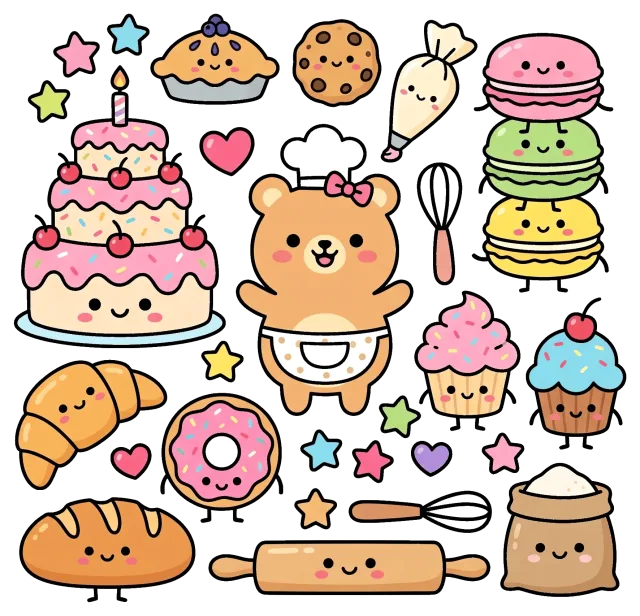 Cute bakery collection with bear chef and assorted desserts