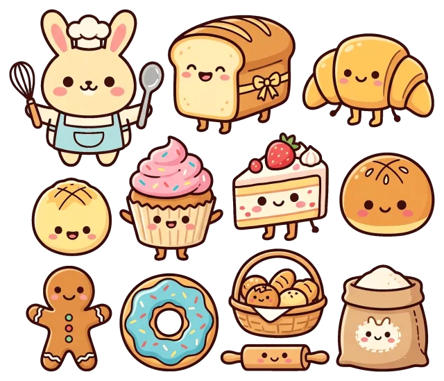 Cute bakery collection with happy bread and pastries characters