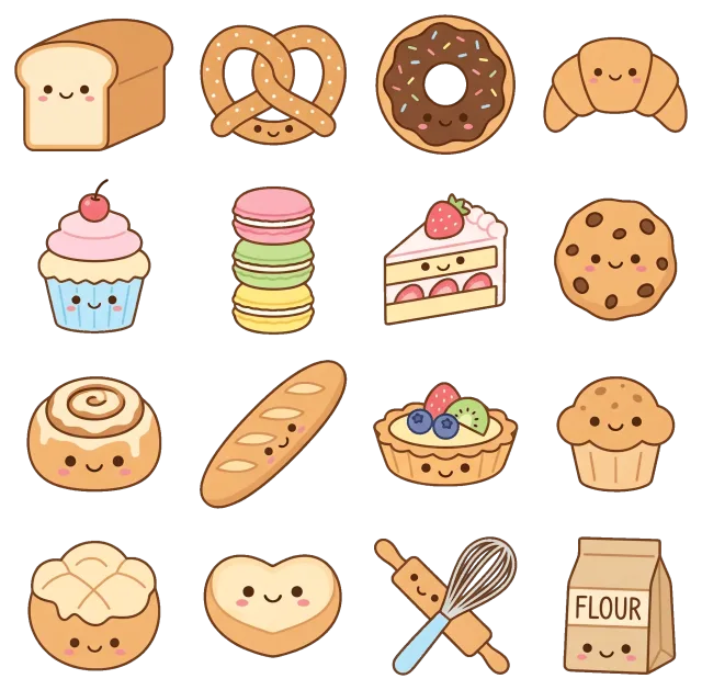 Cute bakery collection with smiling bread and desserts