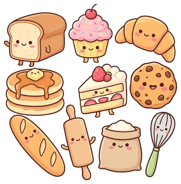 Cute bakery collection with smiling bread and desserts