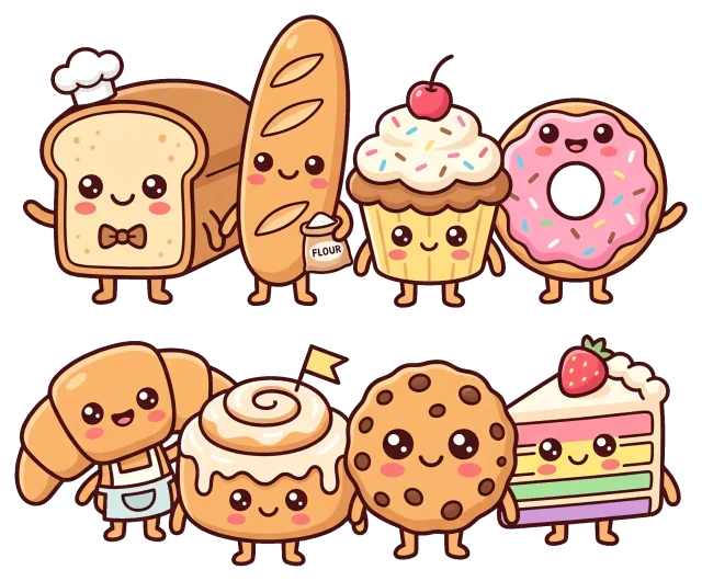 Cute bakery collection with smiling bread and desserts