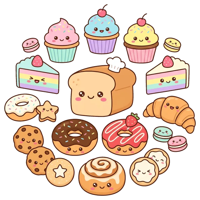 Cute bakery collection with smiling bread and pastries