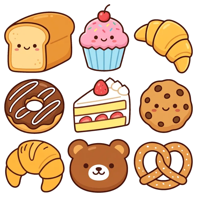 Cute bakery collection with smiling bread and pastries
