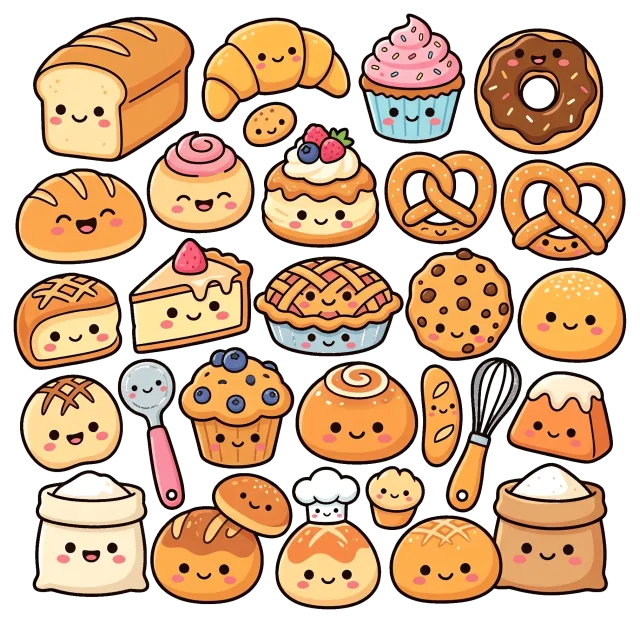 Cute bakery collection with smiling breads and pastries