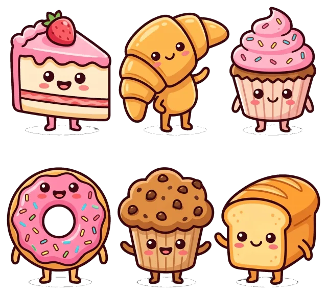 Cute bakery collection with smiling cake, croissant, and pastries
