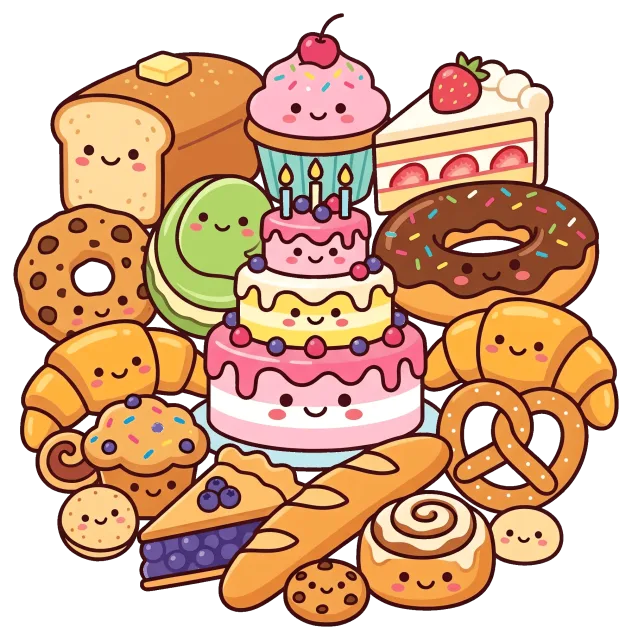 Cute bakery collection with smiling cakes and pastries