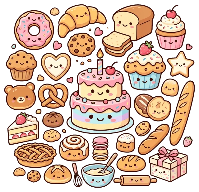 Cute bakery collection with smiling cakes and pastries