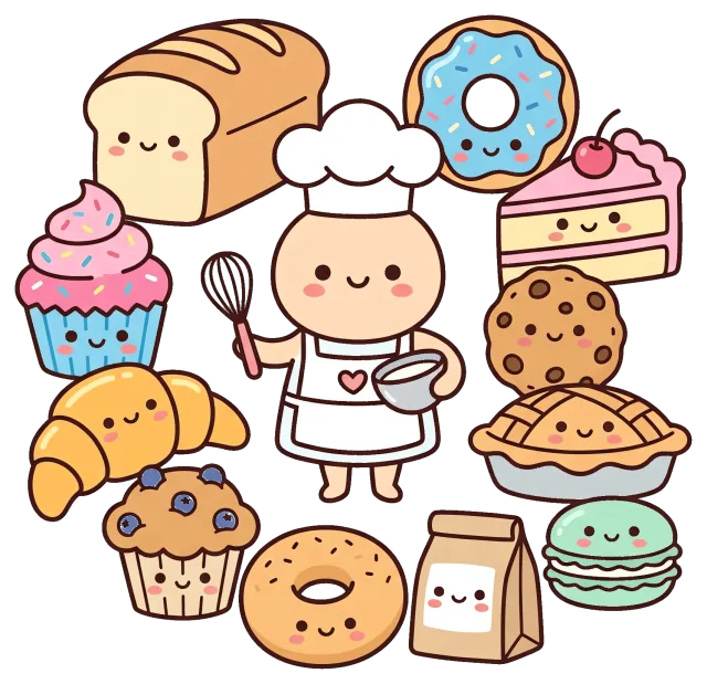 Cute bakery collection with smiling chef and pastries