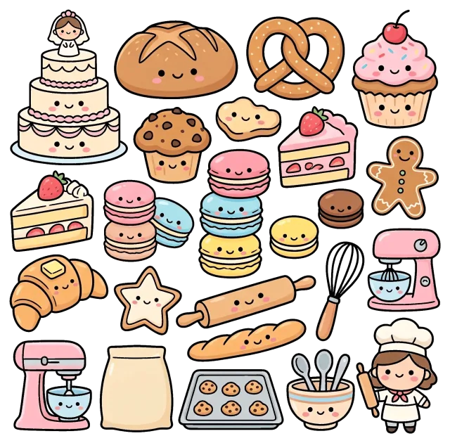 Cute bakery collection with smiling desserts and baking tools