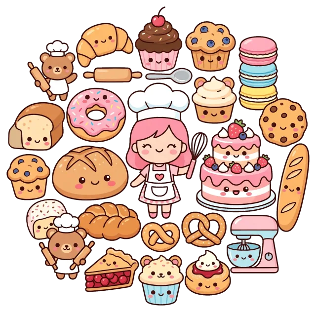 Cute bakery collection with smiling pastries and baker girl