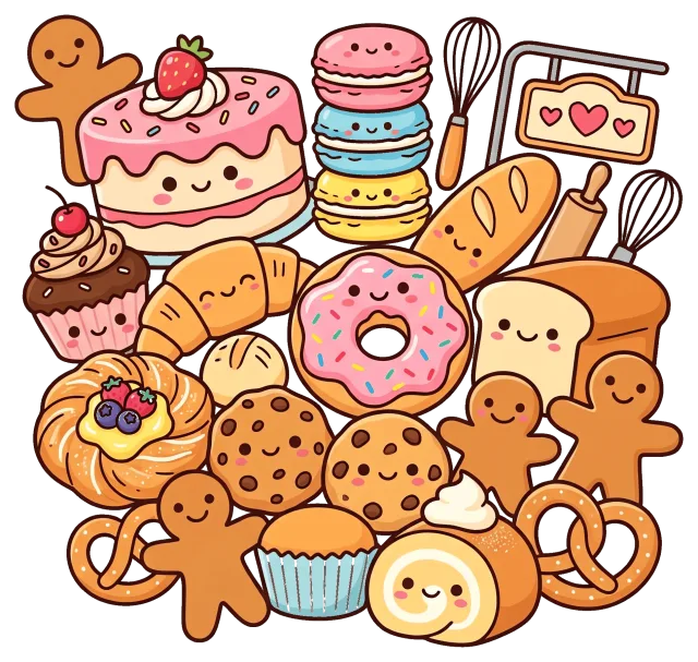 Cute bakery collection with smiling pastries and breads
